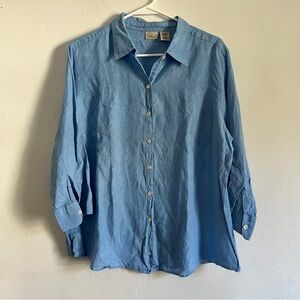 L.L. Bean | 100% Linen Button Down Shirt with 3/4 Sleeves | Lt. Blue | Large